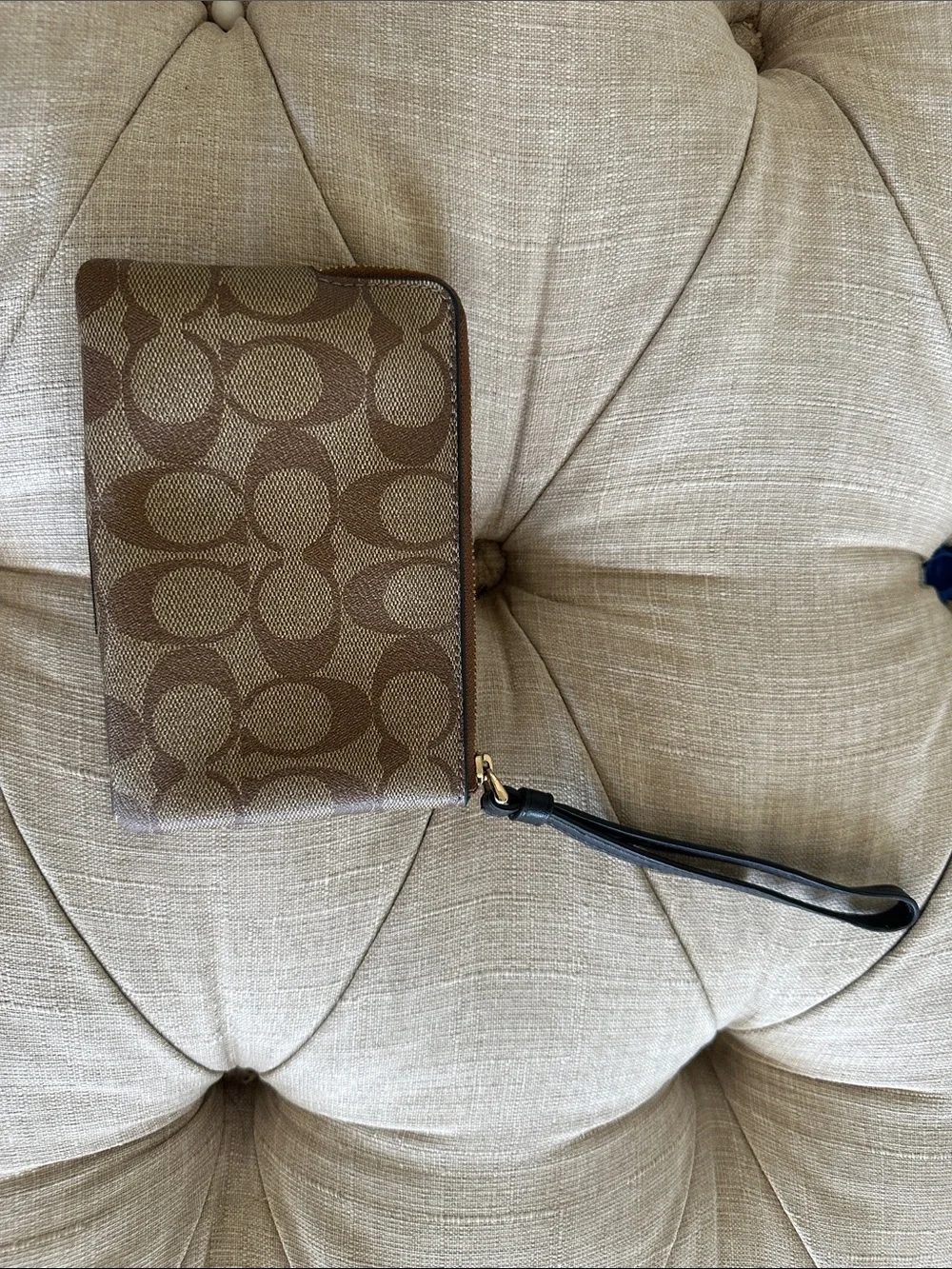 Coach Brown Signature Canvas Wristlet with Black Leather Accent